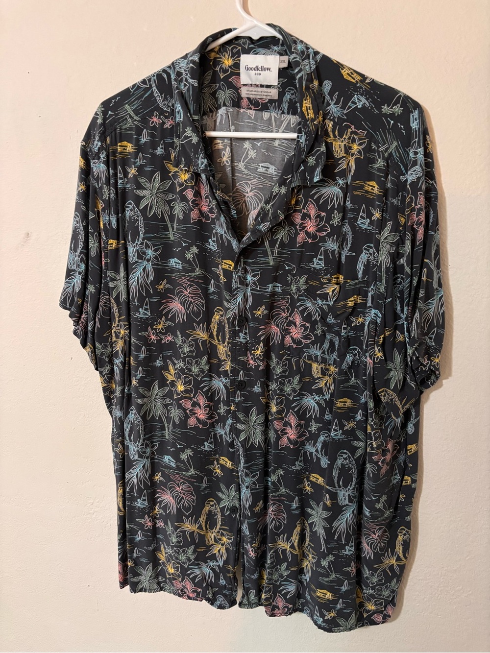 Goodfellow & Co Black Short-Sleeve Tropical Print Button-Down Shirt